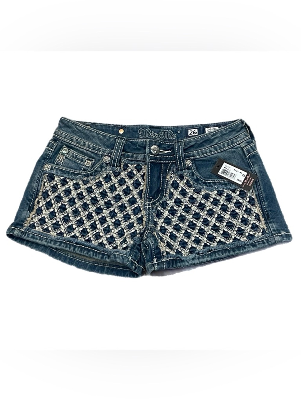 NWT Miss Me Y2K blue denim jean shorts lattice rhinestone bling Festival 26